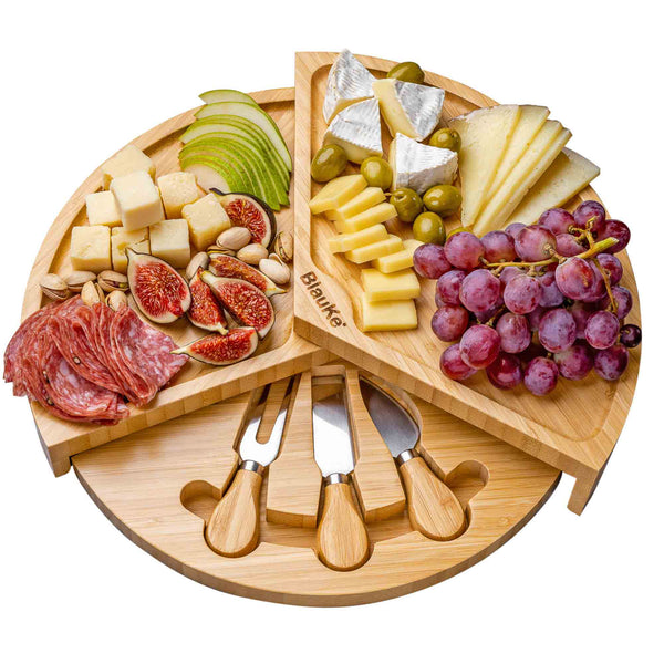 Tagliere per Formaggi e Set di Coltelli per Formaggio – Tagliere in Legno per Aperitivo Formaggio o Salumi – Set Aperitivo Accessori – Tagliere in Bamboo Vassoio da Portata Girevole 37cm – Idee Regalo