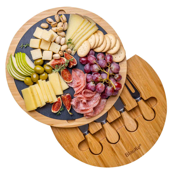 Tagliere per Formaggi e Set di Coltelli – Tagliere in Legno per Aperitivo Formaggio o Salumi – Tagliere in Bamboo con Piatto in Ardesia Rimovibile – Vassoio da Portata Girevole – Idee Regalo