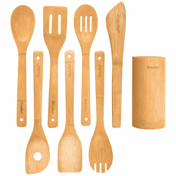 Set di Utensili da Cucina in Legno di Bamboo - Kit di 8 Accessori da Cucina (Paletta per Cucina, Spatola, Pinze, Cucchiaio in Legno, Porta Mestoli) - Attrezzi Da Cucina in Bambù 100% Naturale